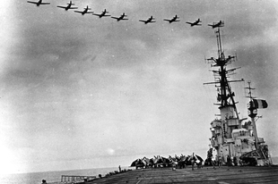 Helldivers flying over carrier Arromanches (R95